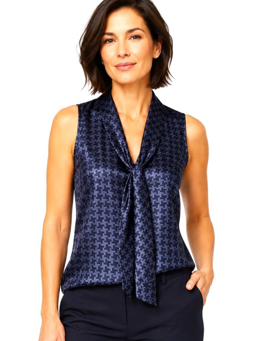 Caslon Grey Black Houndstooth Print Tie Front Sleeveless Silk Top